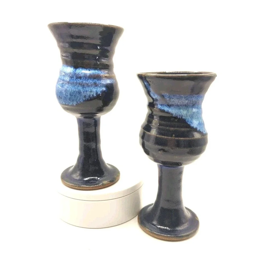 Vintage Studio Art Pottery Blue Drip Glaze Chalice Goblet Set 2 Piece 6.75in